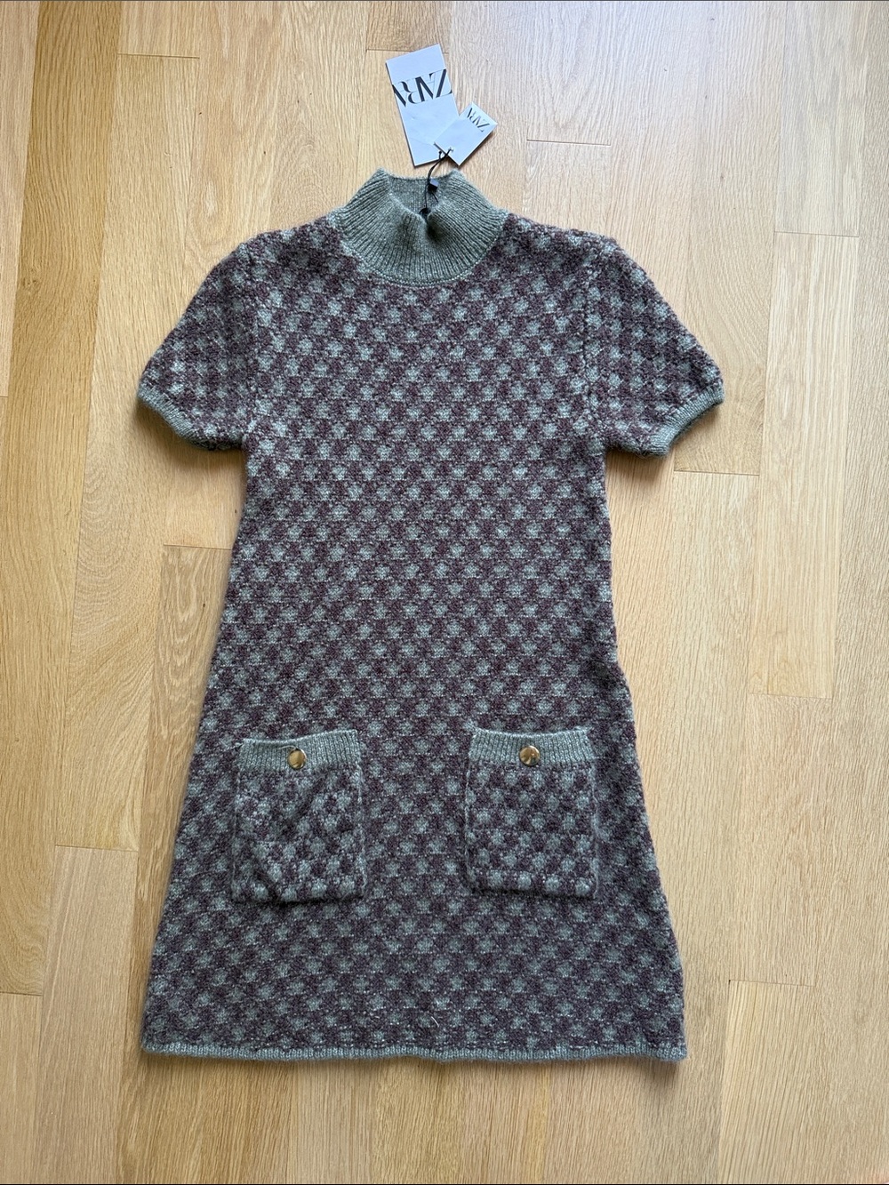 Zara Brown and Olive Knit Short-Sleeve Sweater Dress